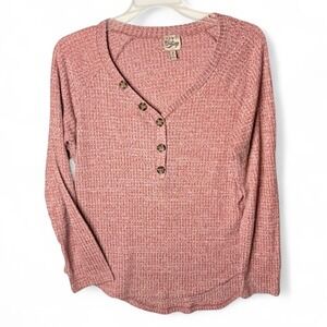 Como Vintage Henley Top Womens Size M Pink Waffle Knit Long Sleeve Button Up